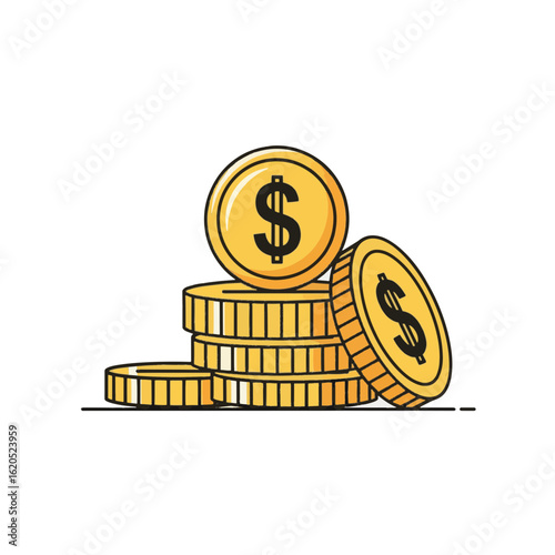 Icon-style illustration of a stack of coins with a dollar symbol, representing finance or budget. Simple shapes, formal style, white background.