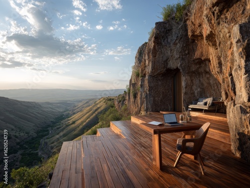 Cliffside wooden terrace office featuring laptop workstation overlooking mountain valley and blue sky