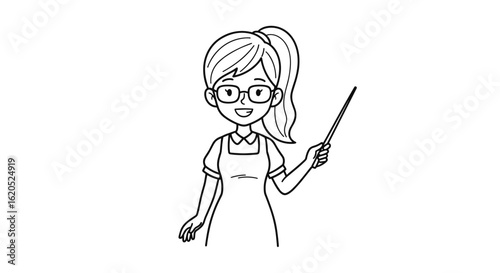 Cartoon teacher girl holding a pointer and smiling in black and white  