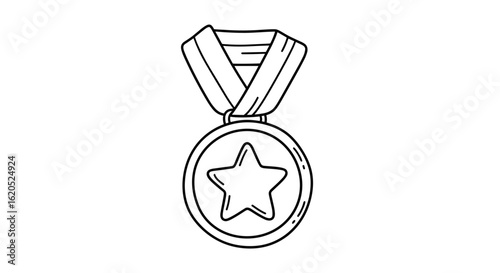 Line drawing of a medal with a star and ribbon  