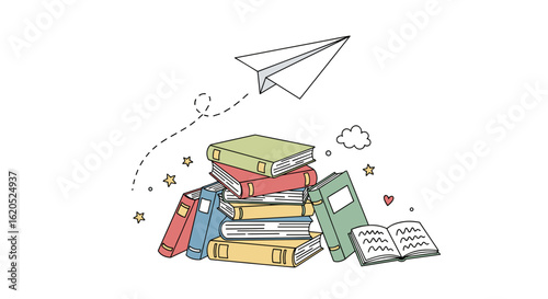 Stack of colorful books with paper airplane flying above them  