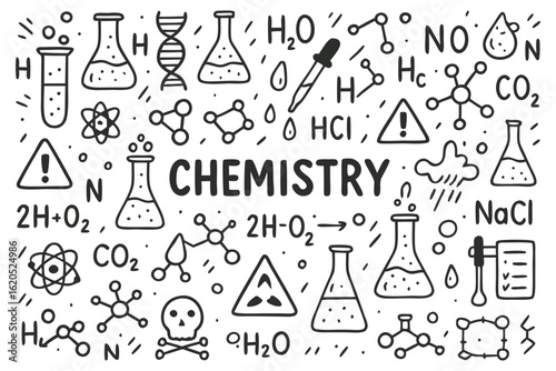 Chemistry doodle illustration. Hand drawn science icons with formulas, flasks, molecules and symbols