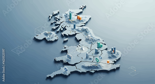 Stylized 3D isometric map of the UK showing a network of data points and business centers, representing the national economy and technology.