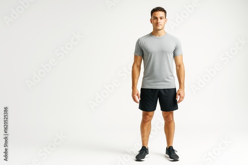 Fit young man wearing gray t-shirt and black shorts, standing confidently in a studio setting with a clean white background, fitness concept