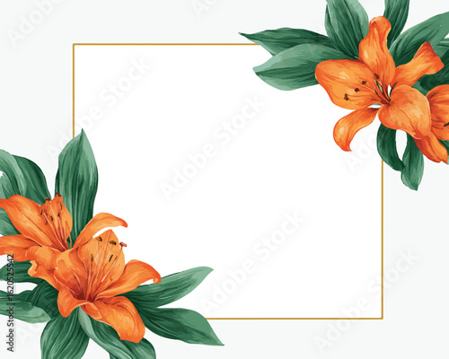 Elegant golden square frame adorned with vibrant orange lily flowers and lush green leaves, vector