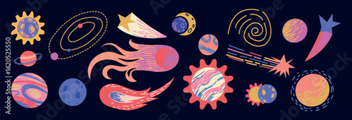 Crayon doodle space collection with colorful planets and comets. Hand-drawn cosmic icons in funky kids' style with pencil texture. Fun and playful outer space illustrations for children's designs.