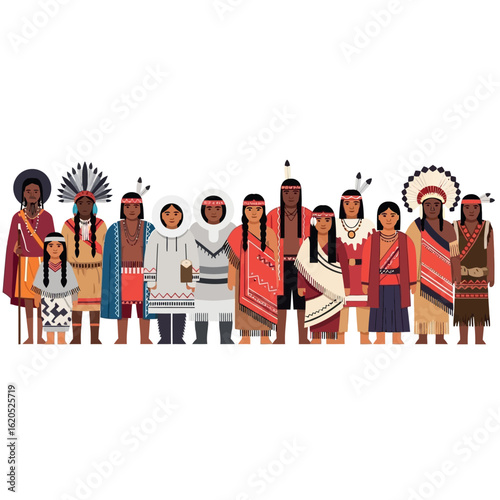 A diverse group of indigenous people and Native American tribal representations standing together in traditional cultural attire.