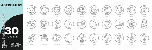 Business Astrology Icon Set - 30 Editable Stroke Vector Icons for Finance, Social Groups & Strategy (Financialization, World, Problem-Solving, Active Company, Movers)