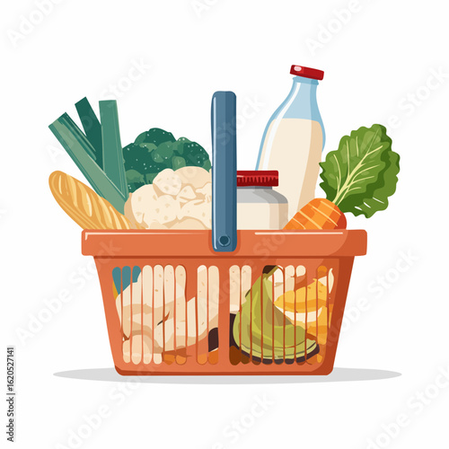 Veganer Einkaufskorb mit frischem Gemüse und pflanzlichen Produkten – flache Vektorillustration