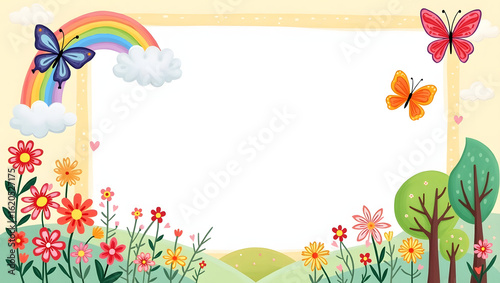 Whimsical cartoon nature frame with a vibrant spring landscape, colorful flowers, butterflies, and a beautiful rainbow. Cheerful illustration border.