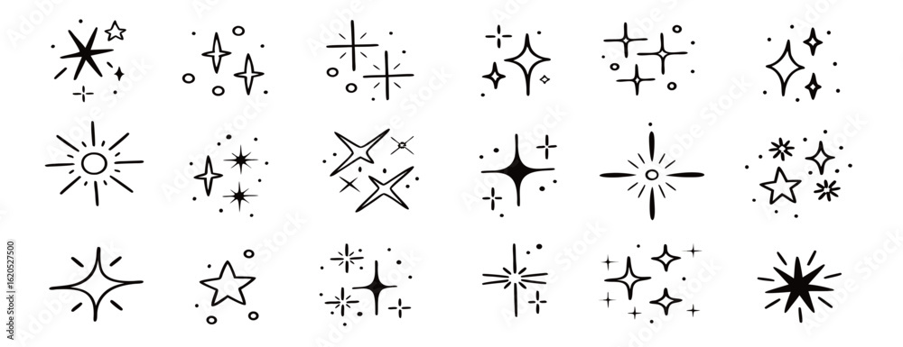 Naklejka premium Hand-drawn Sparkle & Star Icons: 20 Glitter Clipart Elements