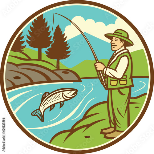 Hand-Drawn Fishing Adventure Illustration with Jumping Trout and Angler by the River