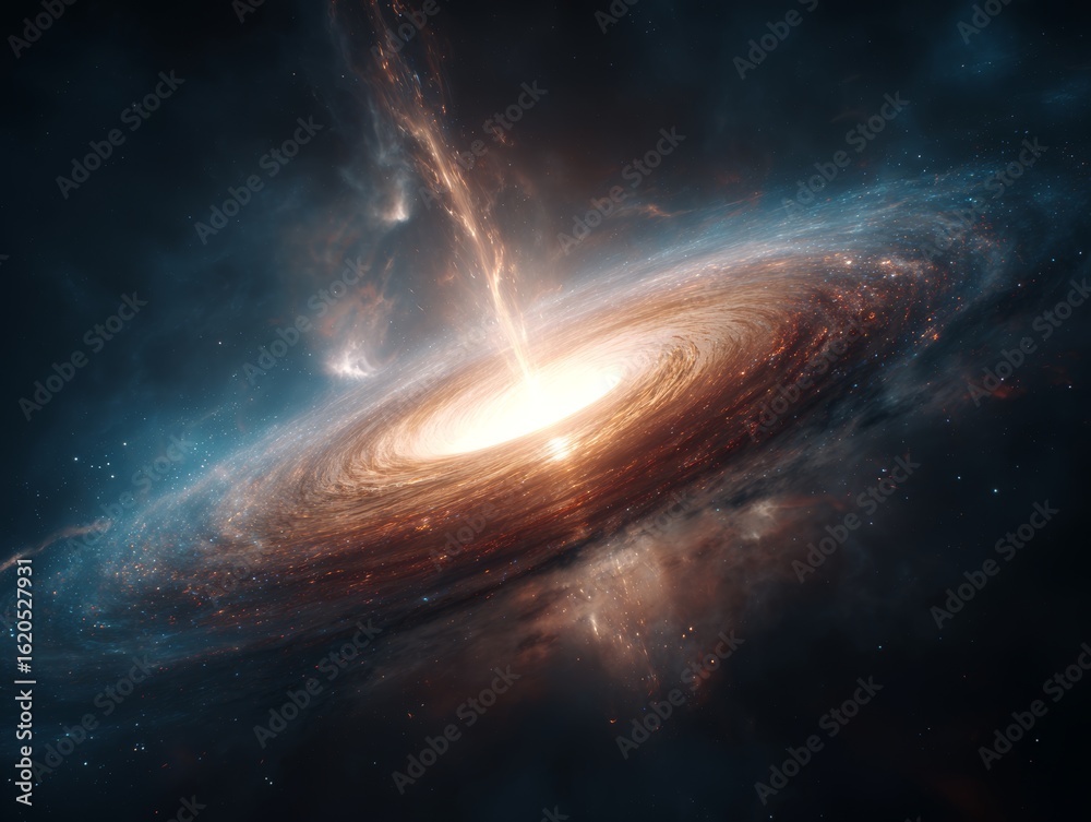 Obraz premium Supermassive Black Hole with Glowing Accretion Disk and Energy Jets