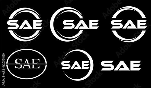 SAE letter logo design with black background in illustrator, cube logo, vector logo, modern alphabet font overlap style. calligraphy designs for logo, Poster, Invitation, etc.