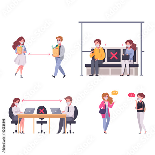 Set vectors social distancing rules cartoon vectors for pandemic prevention