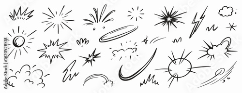 Hand-drawn Doodle Set: Sun, Stars, Clouds, Lightning, & More