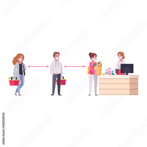 Social distancing at checkout queue with people in masks vectors