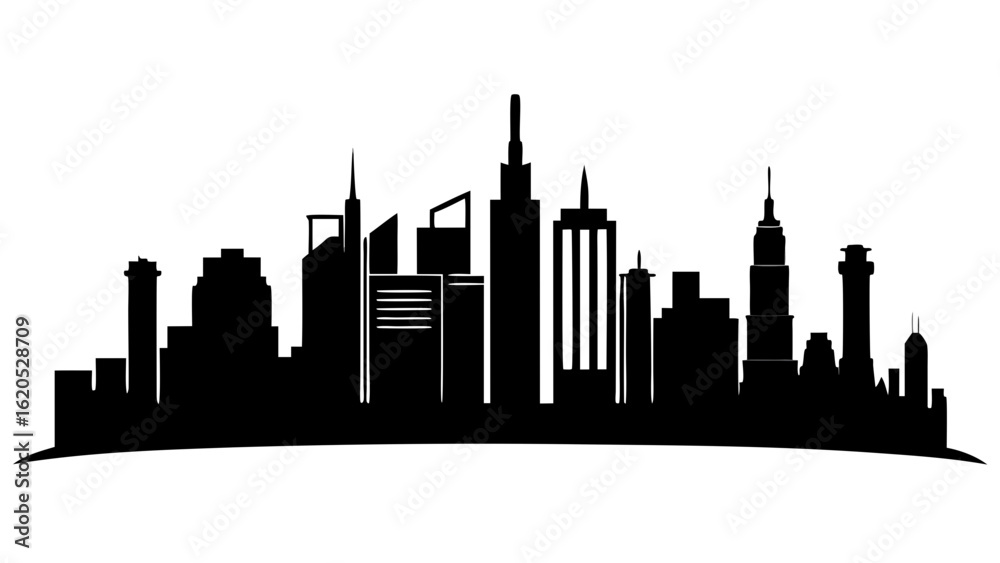 Fototapeta premium Black silhouette of modern city skyline, minimalistic urban design, isolated on white background, vector style