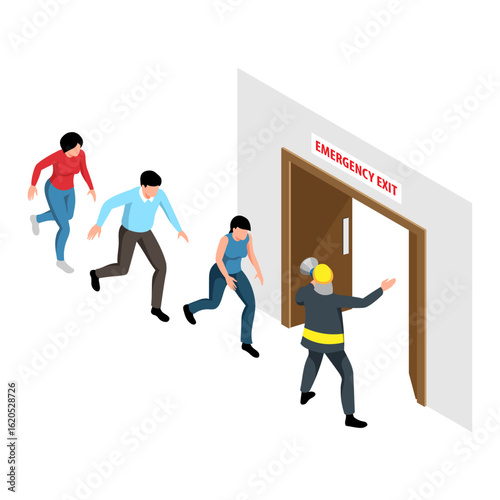 Firefighter leads people to an emergency exit, safety drill vectors