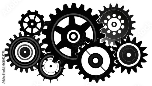 Black industrial metal gears arranged in overlapping composition, isolated on white background, high detail, mechanical parts