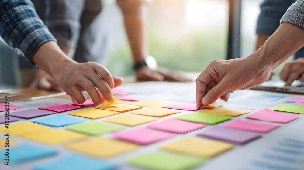 Fototapeta premium Collaborative brainstorming session using colorful sticky notes.