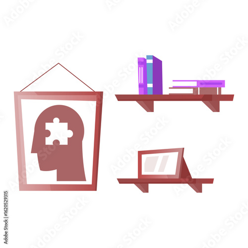 Psychology office interior with mental health concept vectors.