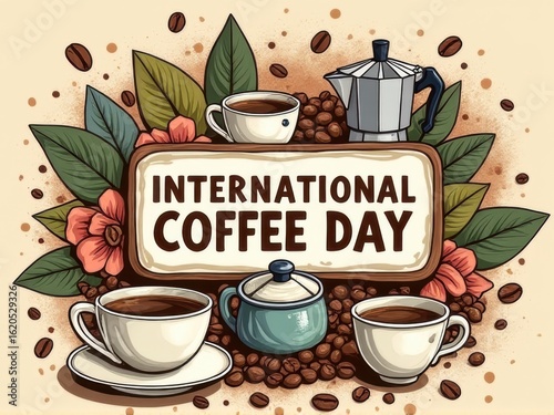 Warm Hand-Drawn Coffee Poster with Beans and Grinder Illustration