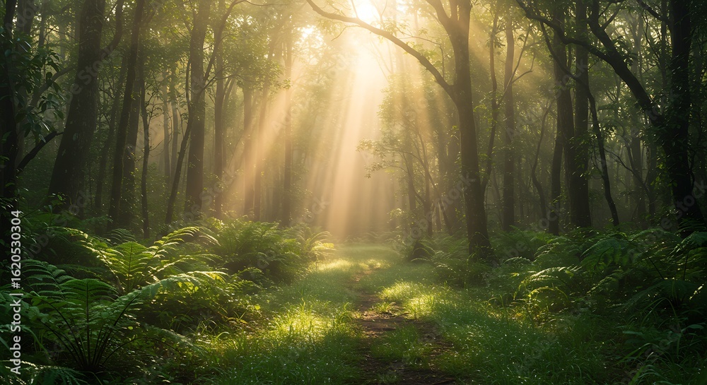 Obraz premium Sunlight Streaming Through Dense Forest – Tranquil Nature Path with Lush Greenery