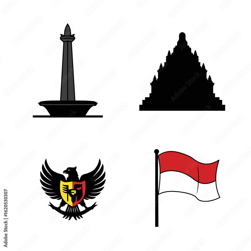 Naklejka premium Vector art of collection of indonesian national symbols including the flag, garuda pancasila, a monument, and a temple silhouette, isolated on white background