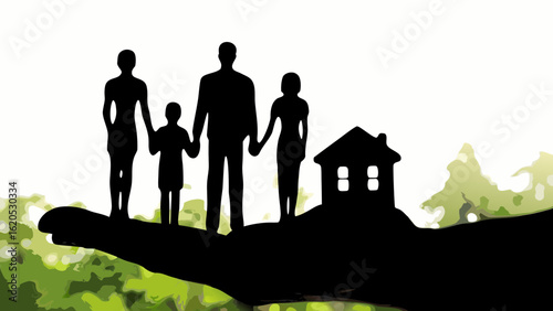 Silhouette family with children and house on hill, black vector SVG landscape banner for home insurance and security