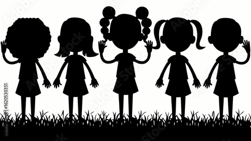 Silhouetted girls in playful poses celebrating childhood friendship and community harmony in vector