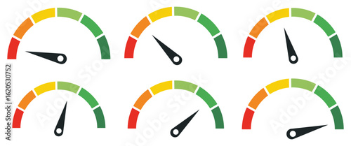 "Speedometer and Performance Gauge Icon Set – Vector Dashboard Meters with Color Indicators and Dials for Speed, Level, and Internet UI"

