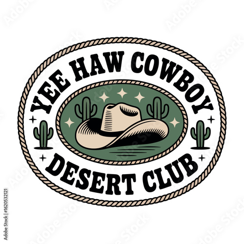 Yee Haw Cowboy Desert Club Emblem with Cowboy Hat and Cacti vector illustration
