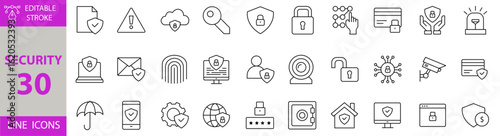 Security line Icon Set. Editable Vector Illustrations for Cybersecurity, Data Protection, Privacy, Firewall, Antivirus, Encryption, Surveillance, Password, Lock, and Network Safety