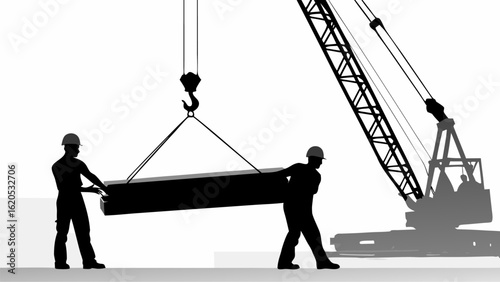 Silhouette of two construction workers carrying a beam lifted by a crane against a white background scene | editable eps vectors