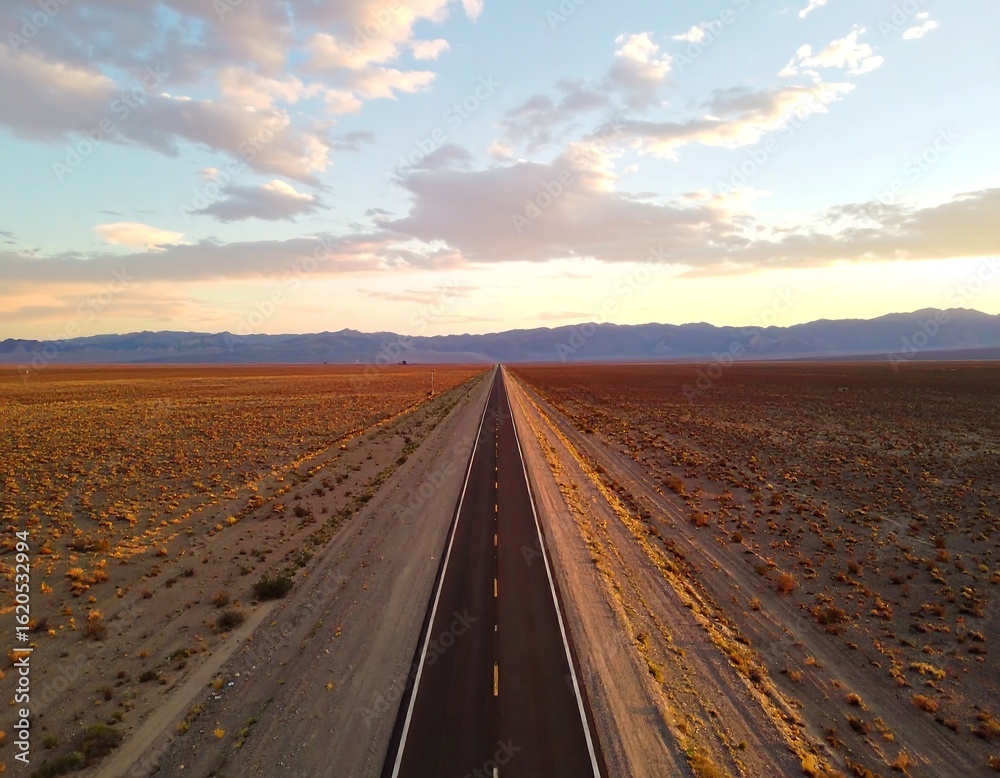 Fototapeta premium Straight road through desert landscape at sunset