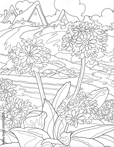 Simple Line Art Landscape – Hand-Sketched Nature Scene, Landscape drawing for kids, Landscape Coloring Book