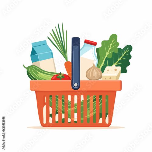 Veganer Einkaufskorb mit frischem Gemüse und pflanzlichen Produkten – flache Vektorillustration