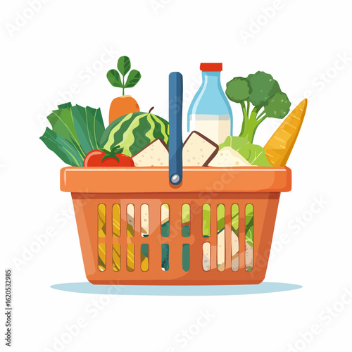 Veganer Einkaufskorb mit frischem Gemüse und pflanzlichen Produkten – flache Vektorillustration