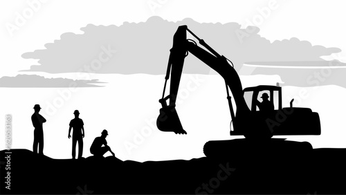 Silhouette of excavator at construction site with workers under cloudy sky in black and white landscape | editable eps vectors
