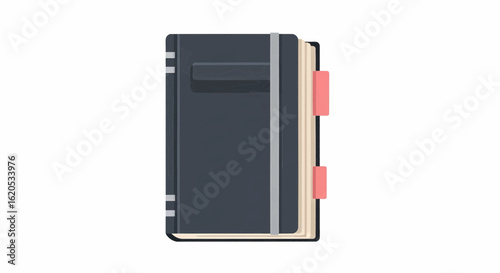 Black notebook with an elastic band and bookmarks, a simple vector illustration icon.