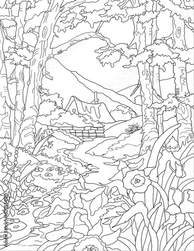 Simple Line Art Landscape – Hand-Sketched Nature Scene, Landscape drawing for kids, Landscape Coloring Book