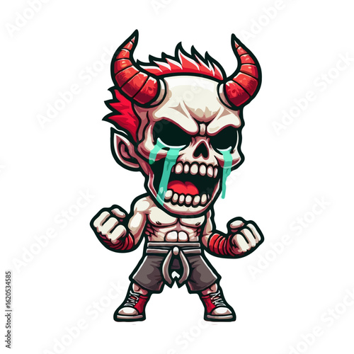 Cartoonish Handdrawn Devil Character Crying with Horns and Evil Expression