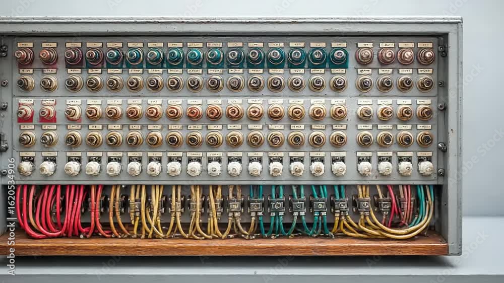 Vintage electrical panel with colorful switches and wires