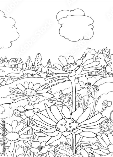 Simple Line Art Landscape – Hand-Sketched Nature Scene, Landscape drawing for kids, Landscape Coloring Book
