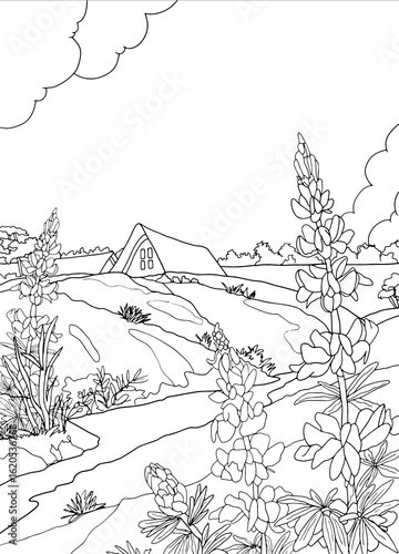 Landscape drawing for kids, Landscape Coloring Book,
Line Drawing