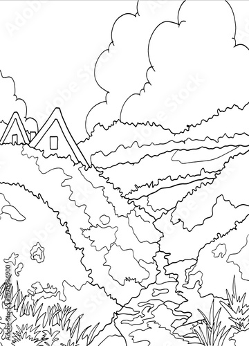 Landscape drawing for kids, Landscape Coloring Book,
Line Drawing