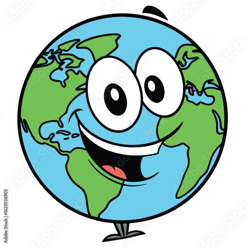 Cartoon world globe character smiles brightly with green land and blue oceans displayed perfectly