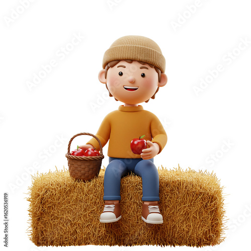 Young boy sitting on straw bale with basket of apples in autumn  