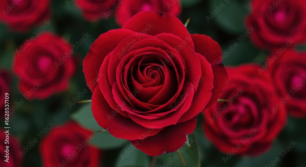 Obraz premium Exquisite deep red rose with velvety petals glistening with morning dew in a garden setting